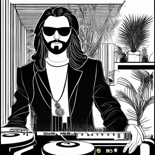 Prompt: Swedish DJ with long hair and a beard. He is wearing sunglasses, a black turtle neck, a gold necklace, and a blazer. He is in  a Danish modern house with tropical plans. Graphic novel.