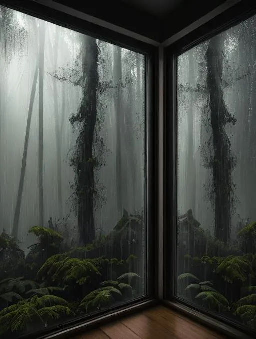 Prompt: a dark place with window full of forest rainy view. Dramatic light. Sharp focus. Detailed