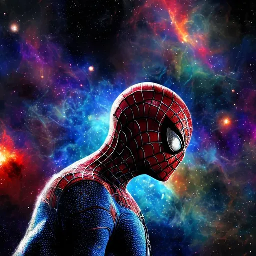 Prompt: The amazing spider
man, front profile, space background filled with galaxies, nebulas, stars and blackholes, bright colors, planets, solar systems 