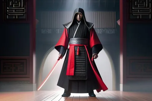Prompt: Chinese Wuxia-Themed Depiction of a Sith Lord, Hyperrealistic Digital Artwork, Fusing Martial Arts and Dark Power, Camera: High-Resolution DSLR, Shot: Dynamic Pose, Rendered with Lifelike Details and Intricate Costume, (hyperrealistic digital artwork:1.2), (chinese wuxia-themed:1.1), (depiction of a sith lord:1.14), (martial arts and dark power:1.1), (high-resolution DSLR:1.08), (dynamic pose:1.1), (lifelike details:1.1), (intricate costume:1.1)


