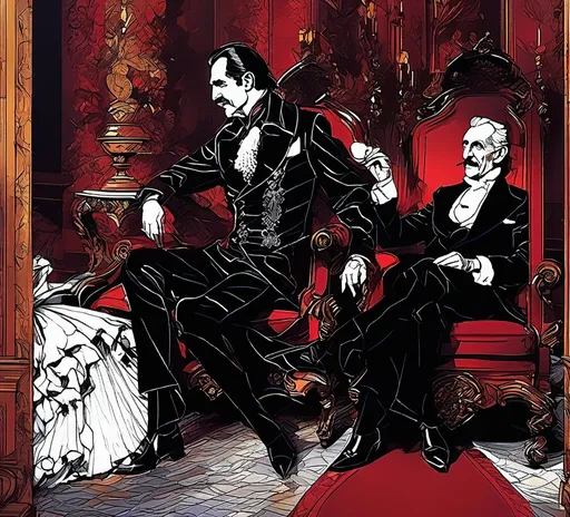 Prompt: (Vincent Price as Van Hellsing conversing with Peter Cushing as Count Dracula), Black and White pen and ink sketch style, dark color scheme, elegantly gothic attire, intricate details, dim lighting, dramatic shadows, opulent background, luxurious textures, ornate furniture, deep reds and blacks, baroque patterns, solemn atmosphere, rich color tones, dark romanticism, ultra-detailed, 4K, photorealistic masterpiece, timeless elegance.