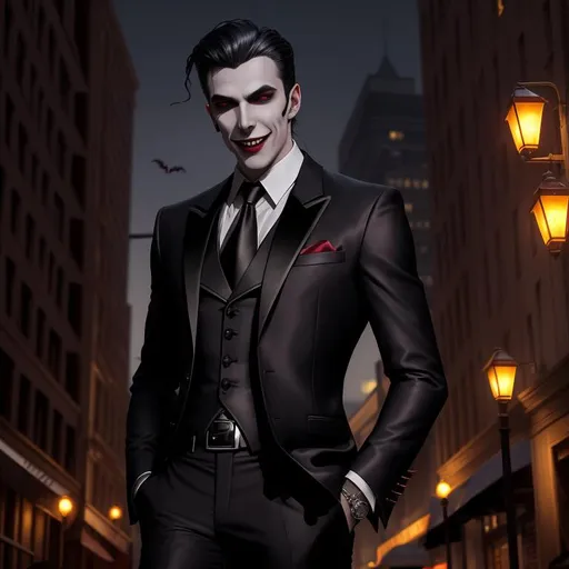Prompt: Male Lasombra Vampire, 11th Generation, vampire, vampire real estate agent, dressed for the office, blood splashed across his cheek, his shadow forms a creepy tentacle, vampire the masquerade, detailed symmetrical face, malicious grin showing perfect teeth, city at night style background, well lit by street lights, vampire, real, alive, real skin textures,
