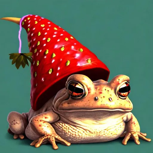 Prompt: simple art of a toad with a wizard hat made from a strawberry