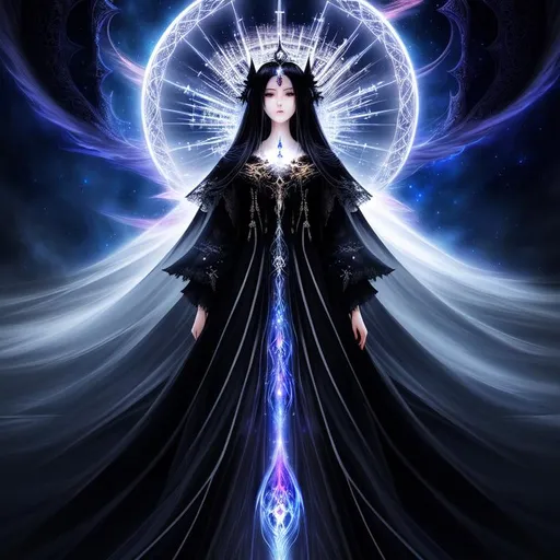 Prompt: painting of a spirit of darkness, descending from the sky, intricate long flowing gown, hyperdetailed by yoshitaka amano and Ekaterina Savic, fantasy art, celestial, ethereal, digital illustration, volumetric lighting