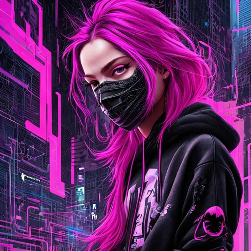 Prompt: Portrait of {a female hacker} with {hot pink and black} hair, {hazel} eyes, {black and hot pink }sweatshirt, {city background}, perfect composition, hyperrealistic, super detailed, HD, high quality, trending art, trending on artstation, sharp focus, studio photo, intricate details, highly detailed, by greg rutkowski