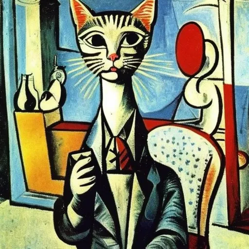 Prompt: Cat in suite with cola in its hand, fisheye by picasso


