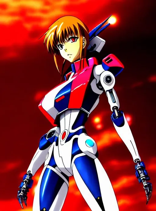 Prompt: female Asuka from Neon Genesis Evangelion standing on-top of Unit 02 mecha, vintage 90's anime style, sci-fi, biomechanical, action horror, gothic cyberpunk, anime art, modern animation, highest quality, cinematic, depth perception, sharp focus, masterpiece, award winning, high resolution, rich deep colors, composition of perspective fractal grids, science of energy, signal processing, art by Yoshiyuki Sadamoto and Yukito Kishiro, animation by Gainax and Tatsunoko Production, 8K