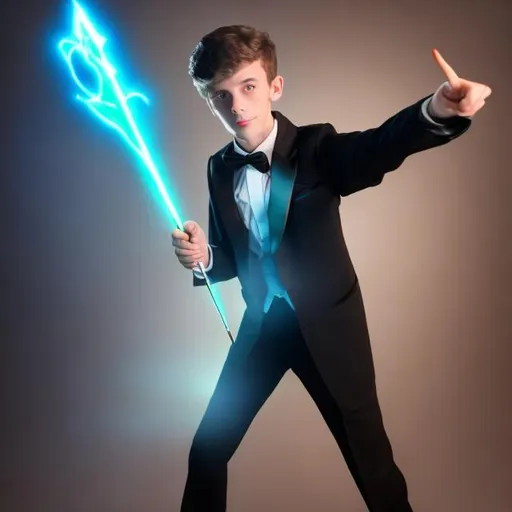 Prompt: 16 year old boy in a tuxedo waveing his magic wand and pointing it to his right 