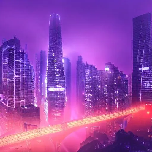 Prompt: Hyperrealistic, sharp focus, Professional, UHD, HDR, 8K, Render, HD, neon, city, Chongqing, purple fog