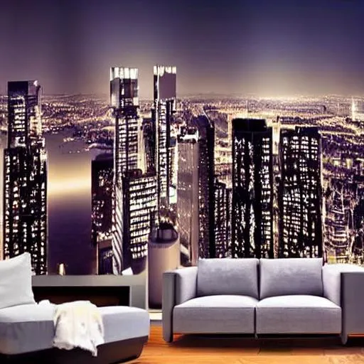 Prompt: The view from a penthouse looking over a city skyline at night with all the lights twinkling in the background, hyper realistic, futuristic, contemporary, Bauhaus inspired