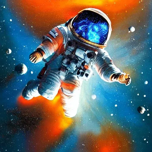 Prompt: astronaut swimming through a bright melting liquid space