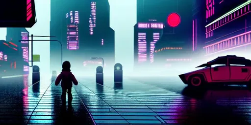 Prompt: A photorealistic hazy cyberpunk scene in the style of Syd Mead with heavy rain, beautifully lit steam, brutalist architecture and neon glyphs visible in reflections on wet surfaces. A droid greets a child