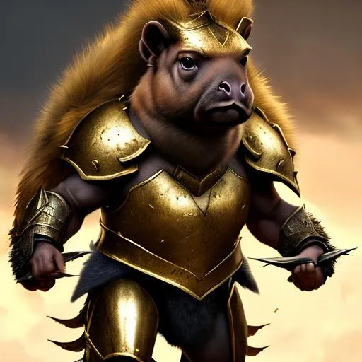 Prompt: Capibara half human in heavy armor, with golden fur, on a battlefield, dark fantasy, perfect composition, hyperrealistic, super detailed, 8k, high quality, trending art, trending on artstation, sharp focus, studio photo, intricate details, highly detailed