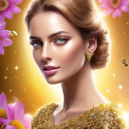 Prompt: HD 4k 3D 8k professional modeling photo hyper realistic beautiful woman ethereal greek goddess of concord
cream colored hair gold hazel eyes gorgeous face dark skin shimmering dress jewelry fruit crown full body surrounded by magical glow hd landscape background fruit orchard in perfect weather with bees