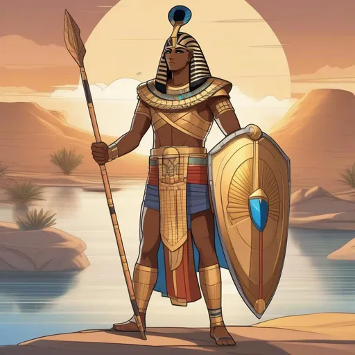 Prompt: A pharaonic soldier from ancient Egypt. He wields a Spear and holds a shield. In background the Nile. Rpg art. Anime art. 2d art. 2d. Well draw face. Detailed. 