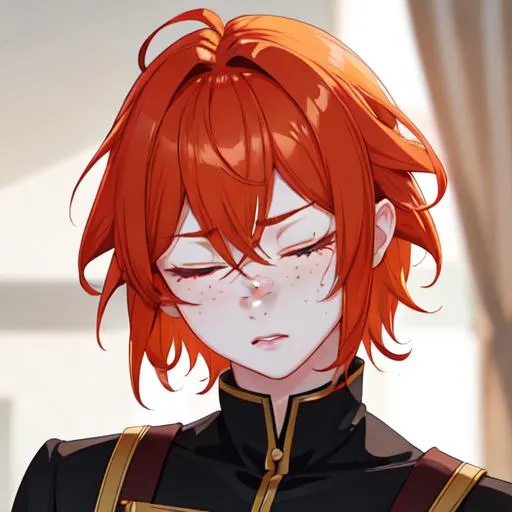 Prompt: Erikku male adult (short ginger hair, freckles, eyes closed) UHD, 8K, Highly detailed, insane detail, best quality, high quality,  anime style, upset