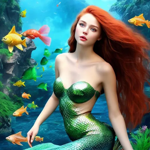 Prompt: 4k professional modeling photo live action human woman hd hyper realistic beautiful mermaid red hair fair skin blue eyes beautiful face green tail enchanting grotto landscape hd background with live action fish coral starfish