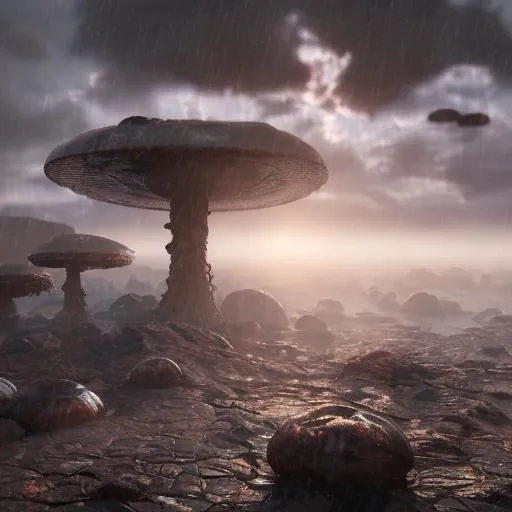 Prompt: square raindrops in an alien world with 2 suns and strange clouds, 4k, natural light, colors muted