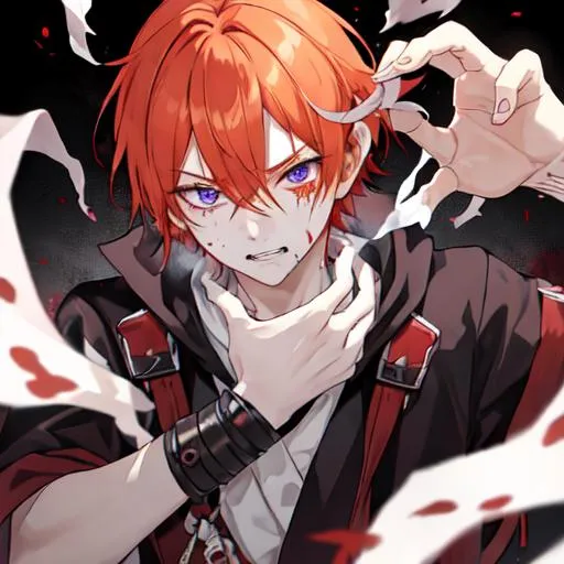 Prompt: Erikku male adult (short ginger hair, freckles, right eye blue left eye purple) covered in blood, covering his face with his hand, wide eyes, insane, fear, threatening, anime style, 