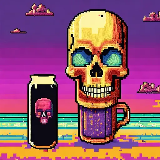 Prompt: skeleton, retro-wave, pixel art, holding beer