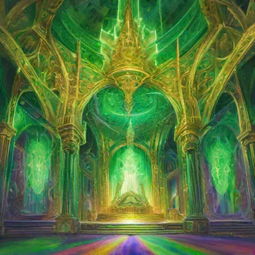 Prompt: Glow of emerald circling throne like a rainbow 