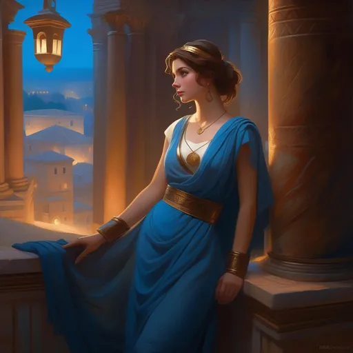 Prompt: Third person, gameplay, ancient Roman girl, pale skin, light brown hair, blue eyes, Rome at night, fog, blue atmosphere, cartoony style, extremely detailed painting by Greg Rutkowski and by Henry Justice Ford and by Steve Henderson 
