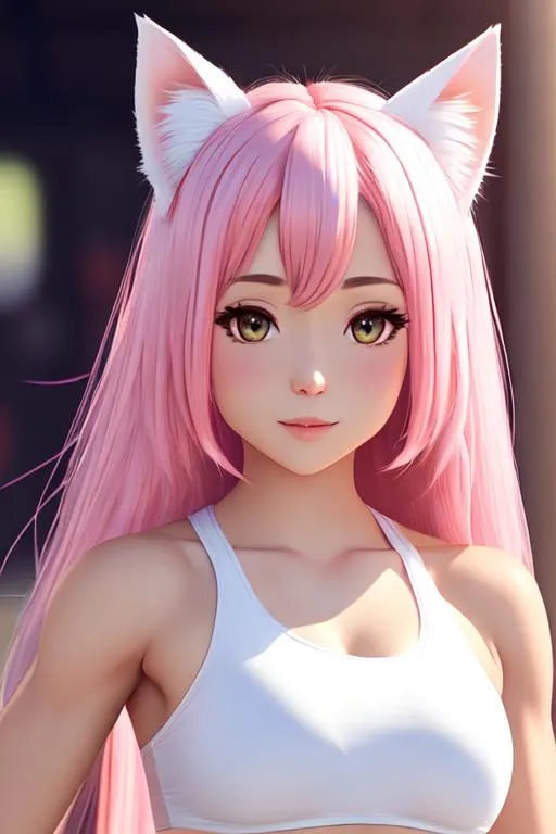 Prompt: Lady, Fit body, white skin, pale skin, petite woman, pink hair, long pink hair, pink cat ears, cat ears, cat girl, tanned tomboy, tomboy, high quality, 4k, 8k, high resolution,
