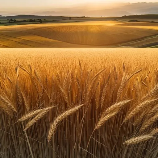 Prompt: Tranquil field, golden sun, wheat, happy