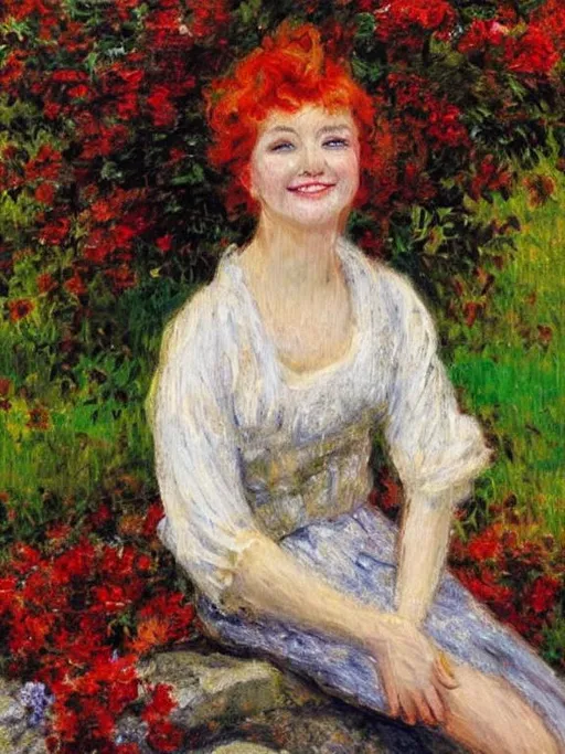 Prompt: Impressionism style painting of a beautiful young woman with red hair looking forward smiling sitting on a stone
