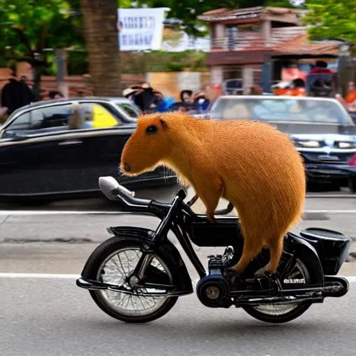 Prompt: Capybara driving a flaming motorbike