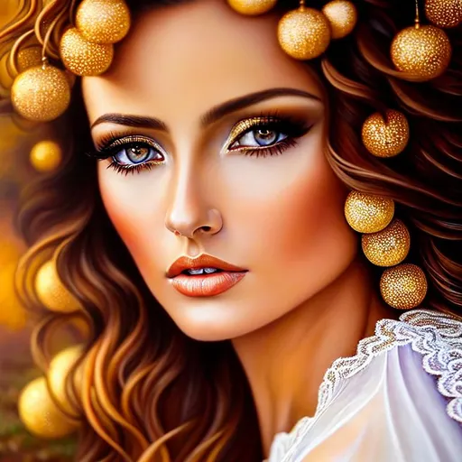 Prompt: Hyperrealism, Oil Painting, autumn landscape, Caucasian woman, beautiful well-defined face, big eyes, sensual lips, light white dress with lace and golden woven ornaments, symmetrical wavy defined brown hair, full body, mythical, elegant dress, volumetric lighting, from Anne Stokes and Noriyoshi Ohrai