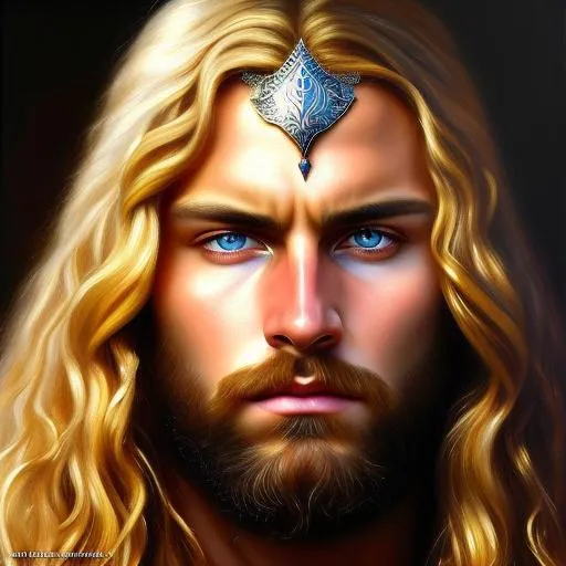 Prompt: Hyperrealistic  oil painting  , long golden hair paladin with striking eyes, a manly face, long and angular an intense gaze simple chain mail shining strong man, baroque art by Diego Velázquez