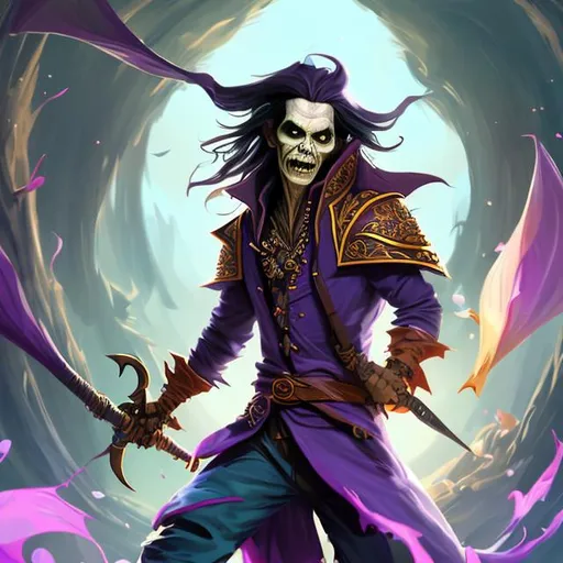 Prompt: Full body splash art of a sweet, graceful, youthful, expressive, smiling male undead zombie bard, mummified face, long black hair, skinny, rich tyrian purple noble clothes, puffy sleeves, knee high brown pirate boots, D&D, dnd, fantasy, highly detailed, sharp focus, digital painting, trending on artstation, 4k, 8k, unreal engine
