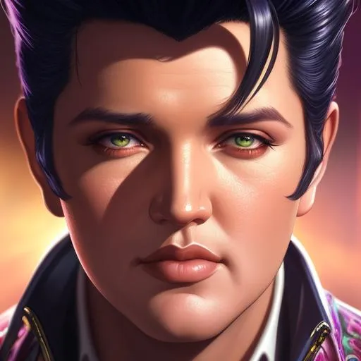 Prompt: Elvis Presley, captured in a detailed 8k resolution render with dynamic lighting and intricate details. Created by renowned artists Greg Rutkowski, Artgerm, and WLOP, the artwork features triadic colors and was made using Unreal Engine 5. It is currently trending on Artstation as a hyperdetailed and intricately detailed splash art.