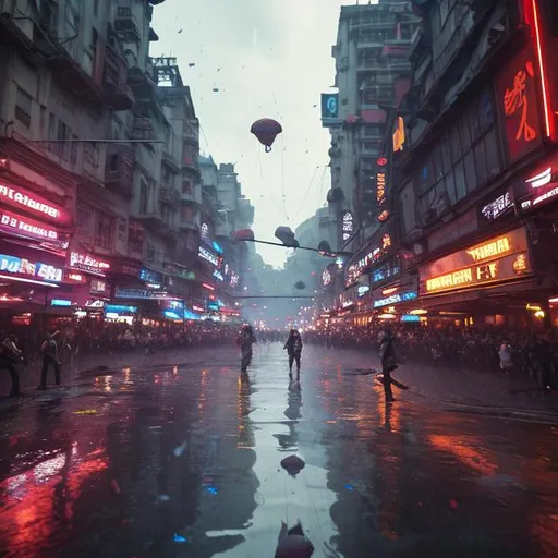 Prompt: Disrupting daily scene, realistic character, epic lighting, crowd on both sides, epic composition, highly detailed, realistic, photo, cinematic, floating lights, a bit of neon, diffusion, umbrellas in the sky, daylight diffusion, reflective wet ground, hanging umbrellas, moody blue sky