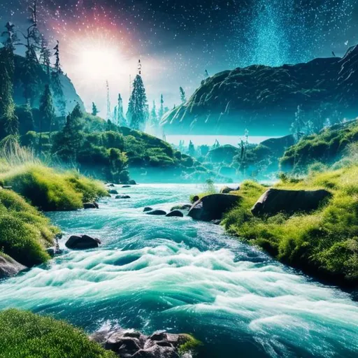 Prompt: futuristic nature view with moving water