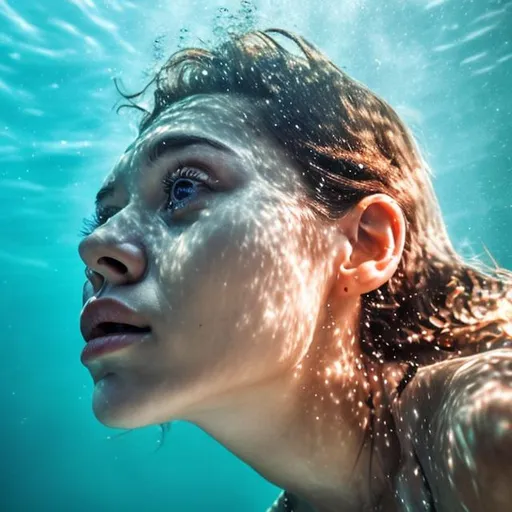 Prompt: woman looking upwards from deep clear underwater at the sun