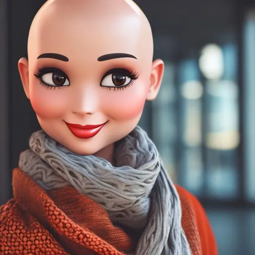 Prompt: A happy, thick, Attractive bald female {Grey Alien, grey skin}, warm colors, wearing a scarf {red}