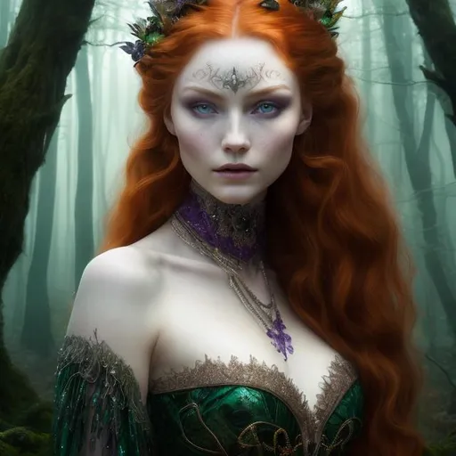Prompt: Detailed and mystical portrait of a witch with ivory clear skin, redhead hair and deep purple eyes. Gorgeous sinuous body, she wears rich green dress, night light, forest, dramatic, charming pose, frontal, magical, fantasy, 8k, high detailed, dramatic light