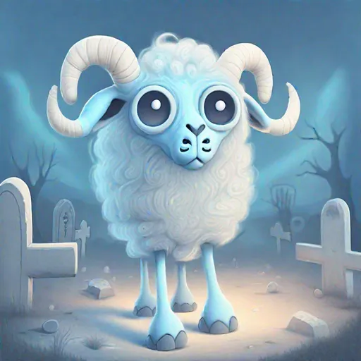 Prompt: Bipedal creature resembling a white-blue sheep, blue-gray wool, one giant eye, wacky expression, a horn, ghostly limbs, floating around a graveyard at dawn, masterpiece, best quality, in pastel drawing style