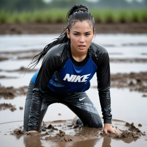 Prompt: photo of young woman, soaking wet clothes, i am, an abomination, before the gods,  , wearing nike running leggings wasit deep in a mud lake,   enjoying, water dripping from clothes, clothes stuck to body,  detailed textures of the wet fabric, wet face, wet plastered hair,  wet, drenched, professional, high-quality details, full body view.