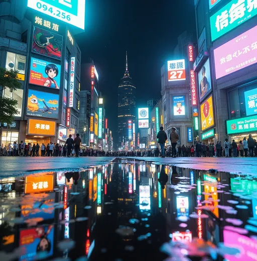 Prompt: Japanese city street at night, bustling with people, illuminated by vibrant neon lights and holographic displays, reflecting a lively cyberpunk atmosphere. The architecture features modern skyscrapers with intricate details, glowing signs in various colors. A sense of excitement and energy fills the air, highlighting the unique blending of technology and urban life, ultra-detailed, 4K quality.