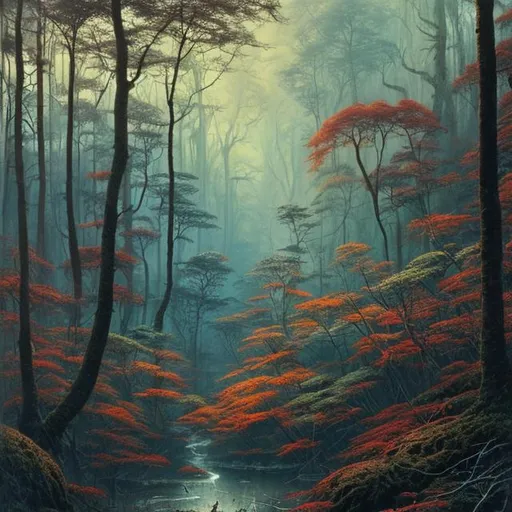 Prompt: Landscape painting, lush and dark forest, dull colors, danger, fantasy art, by Hiro Isono, by Luigi Spano, by John Stephens