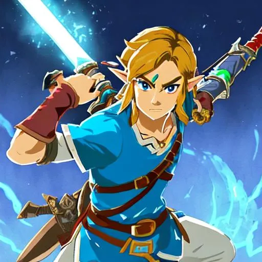 the master sword glowing with energy as link stabs i... | OpenArt