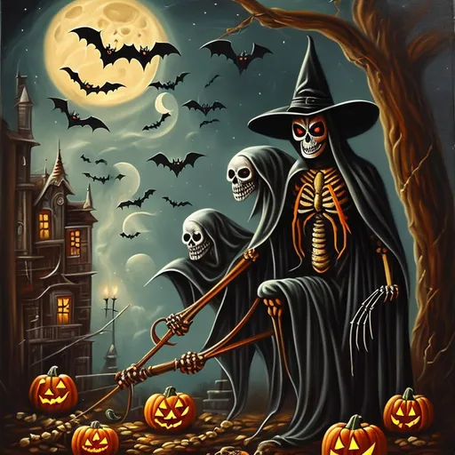 Prompt: Halloween oil painting, vintage retro look, spider, skeleton, goblin, bat, witch