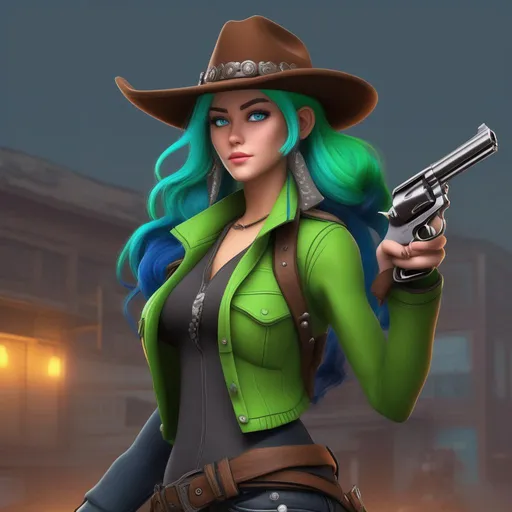 Prompt: She has a long, distinctive neon-green that fades to neon-blue hair in a ponytail, green and blue eyes, wearing a long brown coat, grey vest, denim pants, black cowboy boots, holding a pistol, wearing a brown sheriff's cowboy hat, 8k, UHD, heavily detailed
