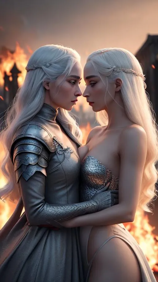 Prompt: Two female Targaryen lovers, holding each other close during the Doom of Valyria. octane render, cinematic, highly detailed faces, perfect hands, vibrant, production cinematic character render, ultra high quality model, 8k Ultra HD, (small breast), full body visible, glistening body, Lipgloss. Centered shot. Burning old city, Fire and dragons in background 