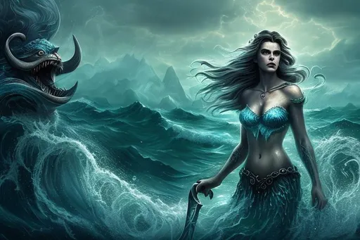 Prompt: siren of the sea hyper realistic extremely detailed dark cinematic UHD in the style of Randy Vargas