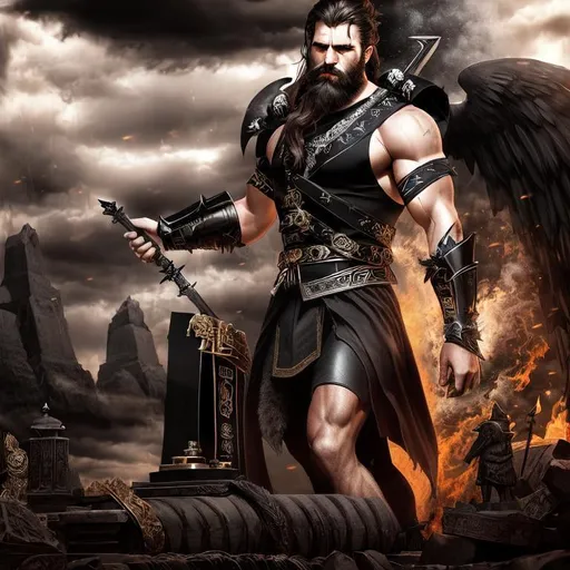 Prompt: Dark, Epic, Brooding, Devastation, 3D HD dramatic cinematic [({one}{(Beautiful Rugged bearded benevolent {male as {Warrior}, expansive Temple background, hyper realistic, 8K --s98500