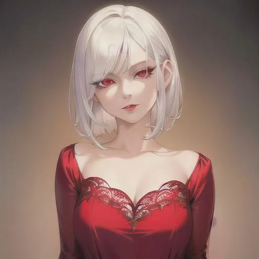 Prompt: (masterpiece, illustration, best quality:1.2), short trimmed white hair, devilish eyes, wearing red silky nightgown, best quality face, best quality, best quality skin, best quality eyes, best quality lips, ultra-detailed eyes, ultra-detailed hair, ultra-detailed, illustration, colorful, soft glow, 1 girl